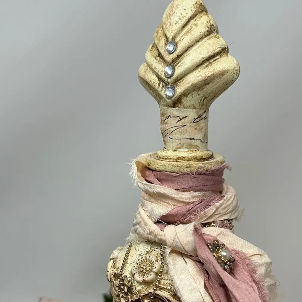 Vintage-Inspired Cream and Pink Accent Altered Bottle 9.5 inches tall